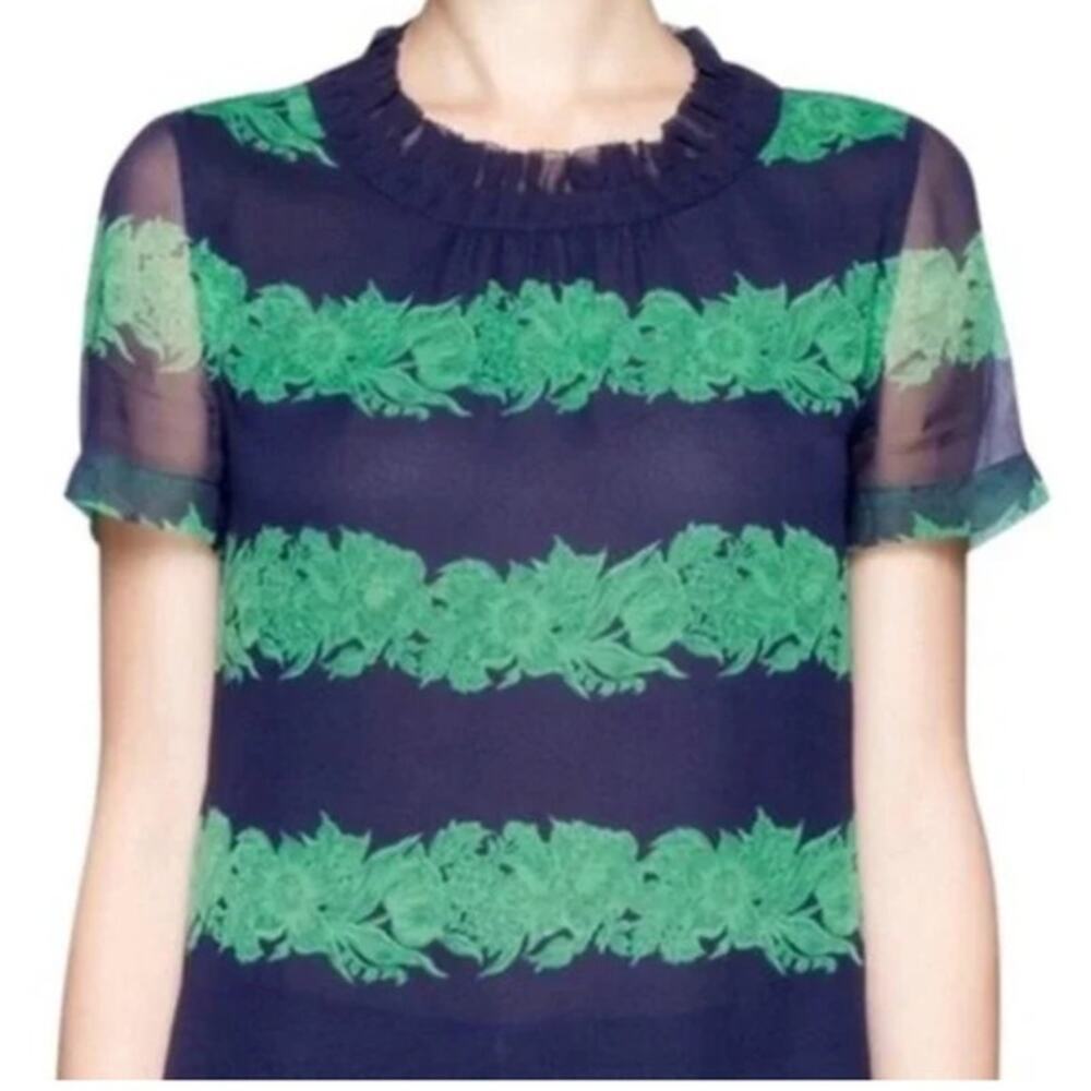 J.Crew | Navy & Green 100% Silk Ruffle Neck Shirt | Size 2